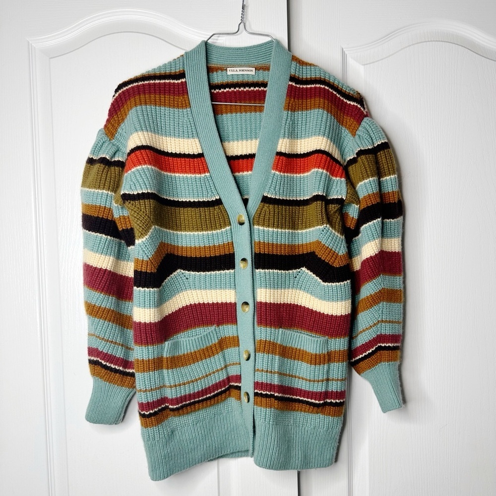 Ulla Johnson Teal Striped Tillie Ballon Sleeve Cardigan Sweater Size Small - Picture 5 of 10